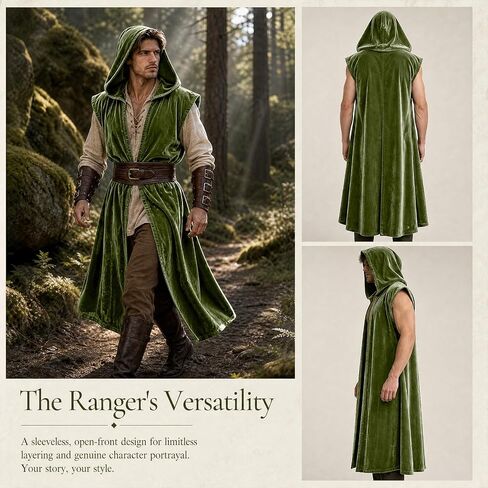 Medieval Renaissance Hooded Sleeveless Cloak Costume Set with Leather Belt, Arm Bracers and Pouch for Men, Halloween Cosplay Outfit in Saudi Arabia