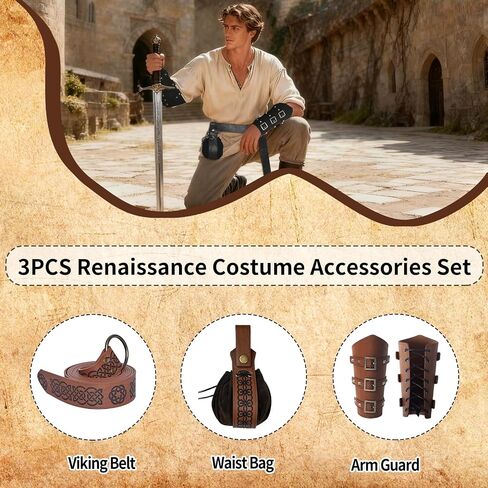 Medieval Renaissance Hooded Sleeveless Cloak Costume Set with Leather Belt, Arm Bracers and Pouch for Men, Halloween Cosplay Outfit in Saudi Arabia