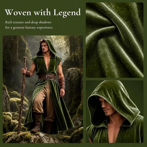Medieval Renaissance Hooded Sleeveless Cloak Costume Set with Leather Belt, Arm Bracers and Pouch for Men, Halloween Cosplay Outfit in Saudi Arabia