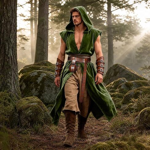Medieval Renaissance Hooded Sleeveless Cloak Costume Set with Leather Belt, Arm Bracers and Pouch for Men, Halloween Cosplay Outfit in Saudi Arabia