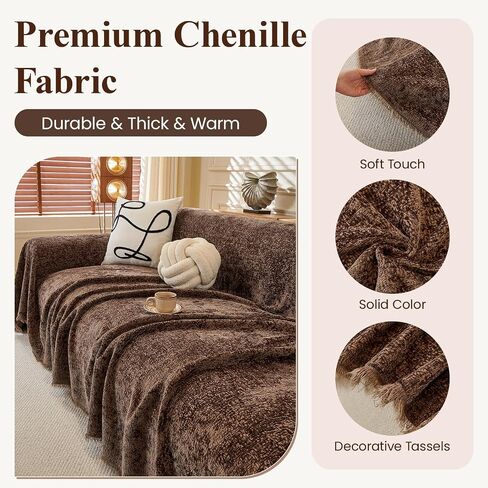 71x150 Inch Chenille Couch Cover for 3 Cushion Sectional Sofas 1 Piece Wear Resistant Sofa Covers with Tassels Reversible Sofa Slipcover Washable for Pets,Dogs,Cats, Brown in Kuwait