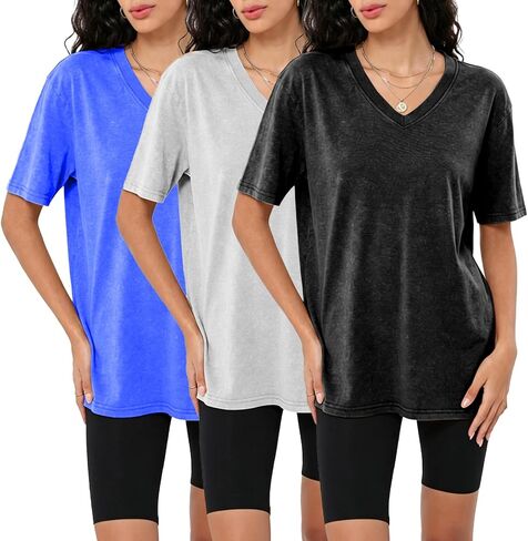 Womens Casual Washed Vintage Oversized T-Shirt V Neck Workout Short Sleeve Cotton Tops Basic Grunge Casual Tees Top in Kuwait