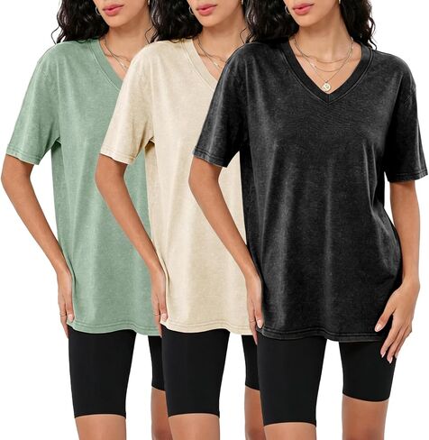 Womens Casual Washed Vintage Oversized T-Shirt V Neck Workout Short Sleeve Cotton Tops Basic Grunge Casual Tees Top in Kuwait
