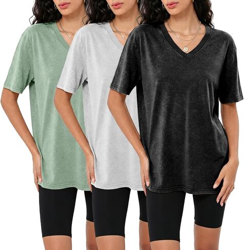 Womens Casual Washed Vintage Oversized T-Shirt V Neck Workout Short Sleeve Cotton Tops Basic Grunge Casual Tees Top in Kuwait