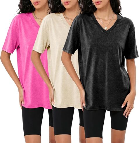 Womens Casual Washed Vintage Oversized T-Shirt V Neck Workout Short Sleeve Cotton Tops Basic Grunge Casual Tees Top in Kuwait