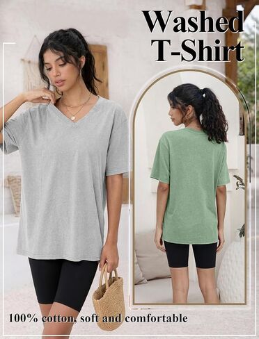 Womens Casual Washed Vintage Oversized T-Shirt V Neck Workout Short Sleeve Cotton Tops Basic Grunge Casual Tees Top in Kuwait
