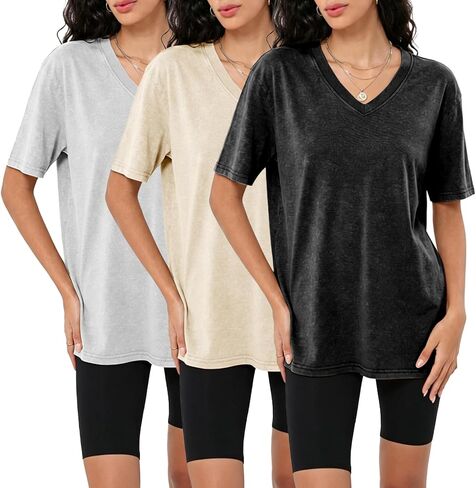 Womens Casual Washed Vintage Oversized T-Shirt V Neck Workout Short Sleeve Cotton Tops Basic Grunge Casual Tees Top in Kuwait