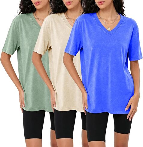 Womens Casual Washed Vintage Oversized T-Shirt V Neck Workout Short Sleeve Cotton Tops Basic Grunge Casual Tees Top in Kuwait