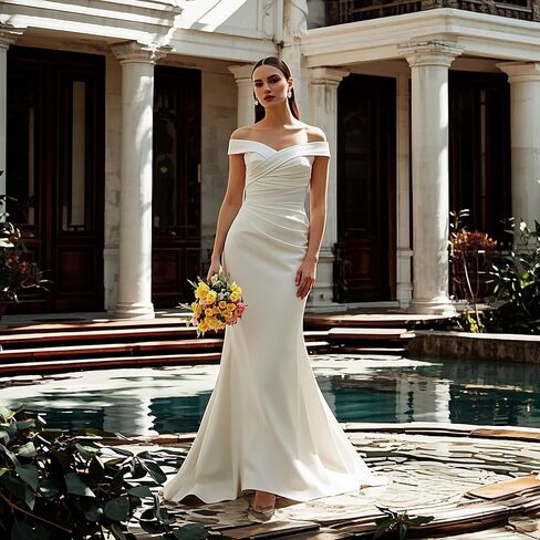 Sleeveless Wedding Dresses for Bride Off Shoulder A-Line Satin Bridal Wedding Gown Bridal Dress White in Saudi Arabia