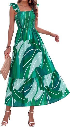 Simplee Womens Summer Floral Sundresses 2026 Sleeveless Casual Smocked Ruffle Spaghetti Strap Boho Maxi Dress Beach Vacation in Saudi Arabia