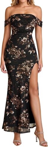 KUTUMAI Off Shoulder Corset Long Formal Wedding Guest Dress 2026 Sexy High Split Floral Ruched Bodycon Maxi Dresses for Women in Kuwait