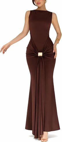 Women's Grace Maxi Dress Elegant Solid Bodycon Sleeveless Ruched Waist Metal Buckle Formal Wedding Guest Gown in Saudi Arabia