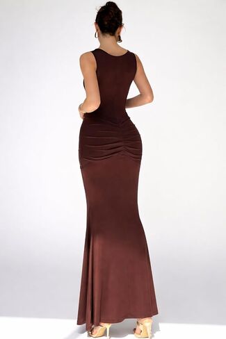 Women's Grace Maxi Dress Elegant Solid Bodycon Sleeveless Ruched Waist Metal Buckle Formal Wedding Guest Gown in Saudi Arabia
