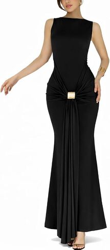 Women's Grace Maxi Dress Elegant Solid Bodycon Sleeveless Ruched Waist Metal Buckle Formal Wedding Guest Gown in Saudi Arabia
