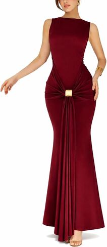 Women's Grace Maxi Dress Elegant Solid Bodycon Sleeveless Ruched Waist Metal Buckle Formal Wedding Guest Gown in Saudi Arabia
