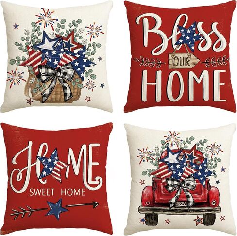 AVOIN colorlife Bless Our Home الأوكالبتوس نجوم الألعاب النارية أغطية وسائد السيارة، 45.72 × 45.72 سم، الرابع من يوليو، يوم الاستقلال الوطني التذكاري، علم الولايات المتحدة الأمريكية، غطاء وسادة لأريكة الأريكة، مجموعة من 4 in Kuwait