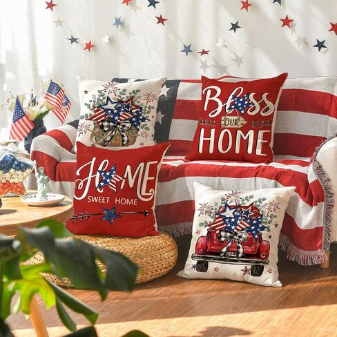 AVOIN colorlife Bless Our Home الأوكالبتوس نجوم الألعاب النارية أغطية وسائد السيارة، 45.72 × 45.72 سم، الرابع من يوليو، يوم الاستقلال الوطني التذكاري، علم الولايات المتحدة الأمريكية، غطاء وسادة لأريكة الأريكة، مجموعة من 4 in Kuwait