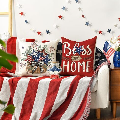 AVOIN colorlife Bless Our Home الأوكالبتوس نجوم الألعاب النارية أغطية وسائد السيارة، 45.72 × 45.72 سم، الرابع من يوليو، يوم الاستقلال الوطني التذكاري، علم الولايات المتحدة الأمريكية، غطاء وسادة لأريكة الأريكة، مجموعة من 4 in Kuwait
