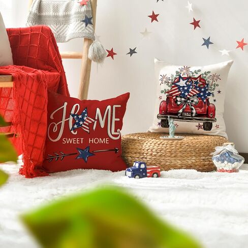 AVOIN colorlife Bless Our Home الأوكالبتوس نجوم الألعاب النارية أغطية وسائد السيارة، 45.72 × 45.72 سم، الرابع من يوليو، يوم الاستقلال الوطني التذكاري، علم الولايات المتحدة الأمريكية، غطاء وسادة لأريكة الأريكة، مجموعة من 4 in Kuwait