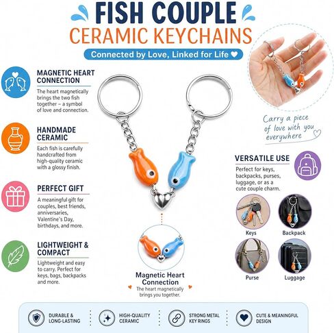 Cute Heart Magnet Matching Keychain, Ceramic Fish Couples Keyrings, Kawaii Animal Key Chain Decor for Bag Purse in Saudi Arabia