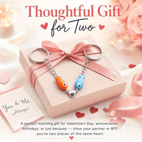 Cute Heart Magnet Matching Keychain, Ceramic Fish Couples Keyrings, Kawaii Animal Key Chain Decor for Bag Purse in Saudi Arabia