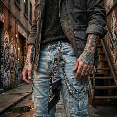 Punk Pant Chain with Bandana, 3 Pcs Hip Hop Accessories Set with Wallet Chain Scarf and Keyring for Women Men in Saudi Arabia