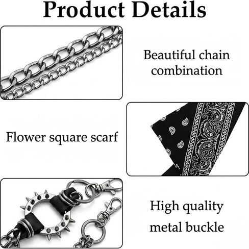 Punk Pant Chain with Bandana, 3 Pcs Hip Hop Accessories Set with Wallet Chain Scarf and Keyring for Women Men in Saudi Arabia