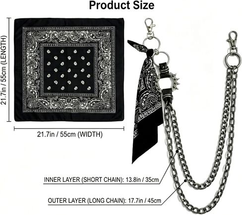 Punk Pant Chain with Bandana, 3 Pcs Hip Hop Accessories Set with Wallet Chain Scarf and Keyring for Women Men in Saudi Arabia