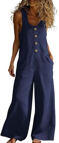Linen Summer Jumpsuits For Women 2026 Sleeveless U Neck Casual Jumpers Loose Wide Legs Rompers Overalls With Pockets in Kuwait