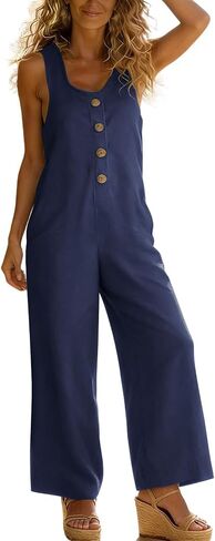 Linen Summer Jumpsuits For Women 2026 Sleeveless U Neck Casual Jumpers Loose Wide Legs Rompers Overalls With Pockets in Kuwait