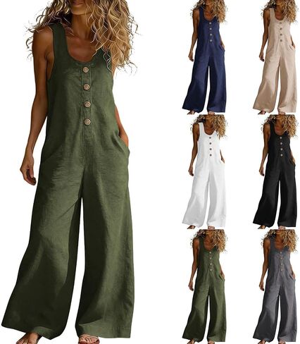 Linen Summer Jumpsuits For Women 2026 Sleeveless U Neck Casual Jumpers Loose Wide Legs Rompers Overalls With Pockets in Kuwait