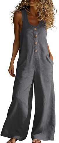 Linen Summer Jumpsuits For Women 2026 Sleeveless U Neck Casual Jumpers Loose Wide Legs Rompers Overalls With Pockets in Kuwait