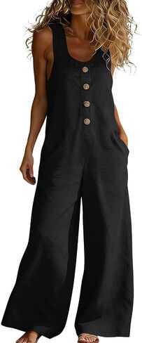 Linen Summer Jumpsuits For Women 2026 Sleeveless U Neck Casual Jumpers Loose Wide Legs Rompers Overalls With Pockets in Kuwait