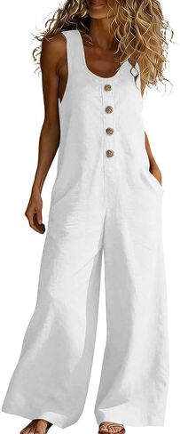 Linen Summer Jumpsuits For Women 2026 Sleeveless U Neck Casual Jumpers Loose Wide Legs Rompers Overalls With Pockets in Kuwait