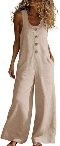 Linen Summer Jumpsuits For Women 2026 Sleeveless U Neck Casual Jumpers Loose Wide Legs Rompers Overalls With Pockets in Kuwait
