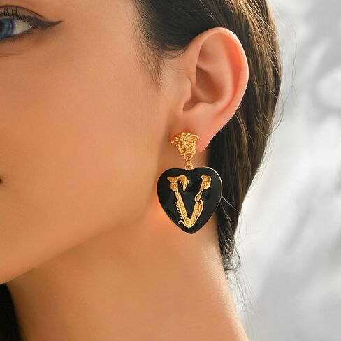 Gold Initial Heart Stud Earrings for Women, Black Enamel Heart Letter V Earrings, Vintage Style Statement Studs, Lightweight Fashion Jewelry Gift for Her in Saudi Arabia
