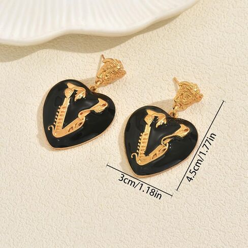 Gold Initial Heart Stud Earrings for Women, Black Enamel Heart Letter V Earrings, Vintage Style Statement Studs, Lightweight Fashion Jewelry Gift for Her in Saudi Arabia