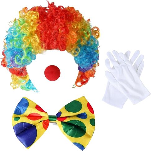 Rainbow Clown Wig Nose Bow Tie Gloves Clown Costume Set for Men Women Halloween Parties Carnivals Pretend Play in Kuwait