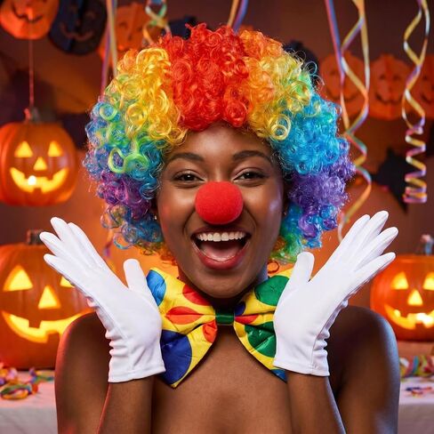 Rainbow Clown Wig Nose Bow Tie Gloves Clown Costume Set for Men Women Halloween Parties Carnivals Pretend Play in Kuwait