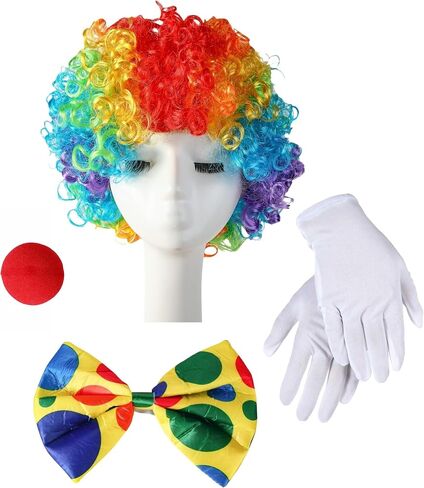 Rainbow Clown Wig Nose Bow Tie Gloves Clown Costume Set for Men Women Halloween Parties Carnivals Pretend Play in Kuwait