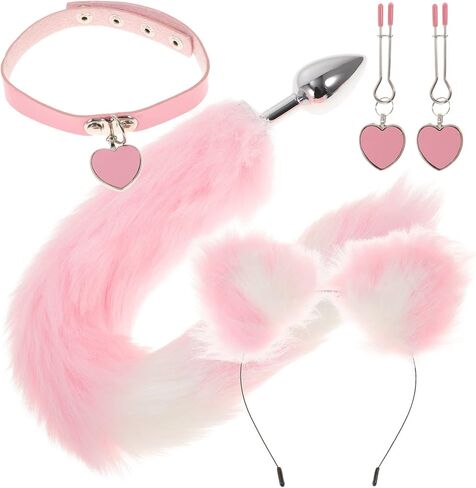 KESYOO 1 Set Furry Fox Tail Plug Animal Ears Headband Choker Breast Clips in Kuwait