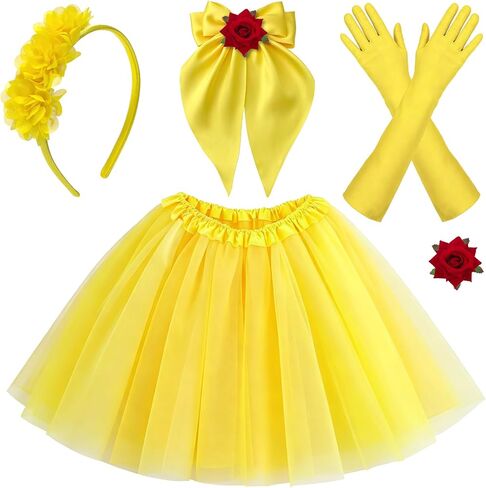 5 Pcs Yellow Princess Costume Set, Flower Headband, Bow Hair Clip, Rose Brooch, Long Gloves, Tutu Skirt for Halloween, Cosplay, Birthday Party Princess Accessories for Women in Saudi Arabia