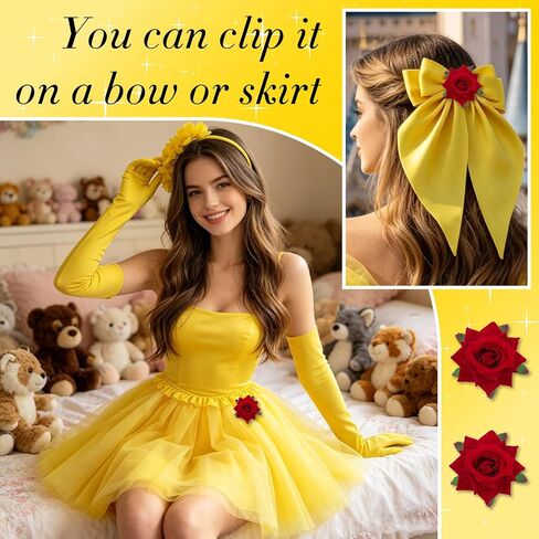 5 Pcs Yellow Princess Costume Set, Flower Headband, Bow Hair Clip, Rose Brooch, Long Gloves, Tutu Skirt for Halloween, Cosplay, Birthday Party Princess Accessories for Women in Saudi Arabia