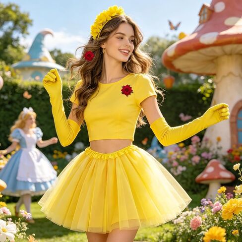 5 Pcs Yellow Princess Costume Set, Flower Headband, Bow Hair Clip, Rose Brooch, Long Gloves, Tutu Skirt for Halloween, Cosplay, Birthday Party Princess Accessories for Women in Saudi Arabia