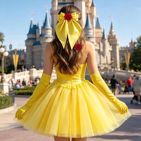5 Pcs Yellow Princess Costume Set, Flower Headband, Bow Hair Clip, Rose Brooch, Long Gloves, Tutu Skirt for Halloween, Cosplay, Birthday Party Princess Accessories for Women in Saudi Arabia