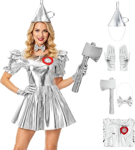 Tin Costume Women Silver Metallic Dress Funnel Hat Fake Axe Heart Pin Gloves Bow Tie Halloween Cosplay Skirt in Saudi Arabia