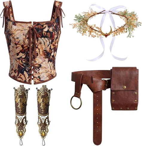 Twistover 4 Pcs Fairy Elf Renaissance Accessories Set Floral Vintage Renaissance Corset Medieval Belt Bag Gothic Lace Wristbands Gold Floral Headpiece Medieval Costume for Women Cosplay in Saudi Arabia