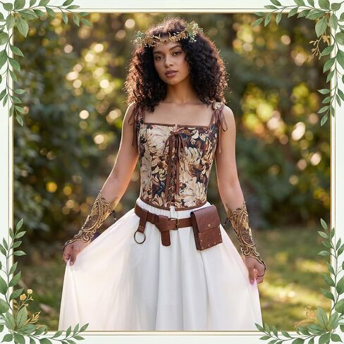 Twistover 4 Pcs Fairy Elf Renaissance Accessories Set Floral Vintage Renaissance Corset Medieval Belt Bag Gothic Lace Wristbands Gold Floral Headpiece Medieval Costume for Women Cosplay in Saudi Arabia