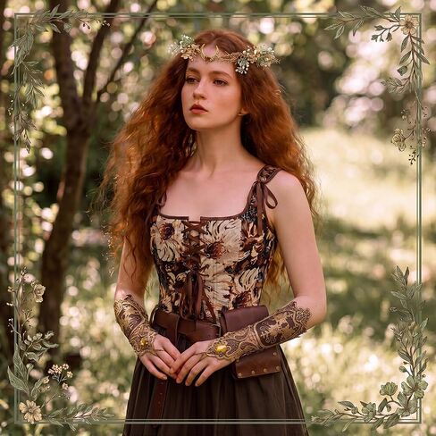 Twistover 4 Pcs Fairy Elf Renaissance Accessories Set Floral Vintage Renaissance Corset Medieval Belt Bag Gothic Lace Wristbands Gold Floral Headpiece Medieval Costume for Women Cosplay in Saudi Arabia