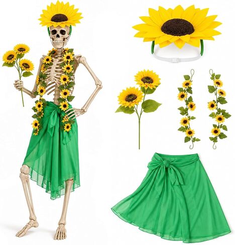 Yi-gog 5Pcs 12 Ft Skeleton Costume Set Halloween Skeletons Outfit Sunflower Headband Sunflower Vine Garlands Green Wrap Skirt Halloween Accessories in Saudi Arabia
